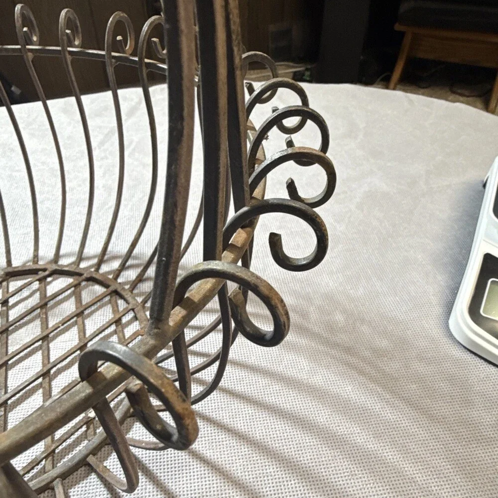 Vintage French Country Rustic Metal Wire Basket with Scroll Rim
